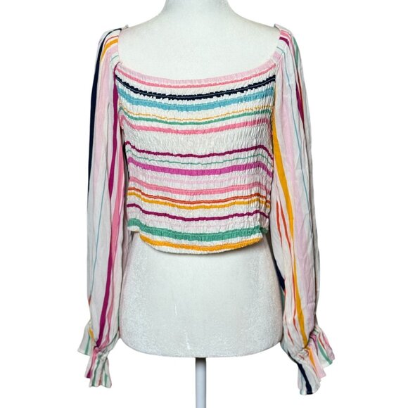 Eloquii Elements Womens Striped Smocked Puff Sleeve Top Sz XL Boho Peasant Beach - Picture 2 of 13